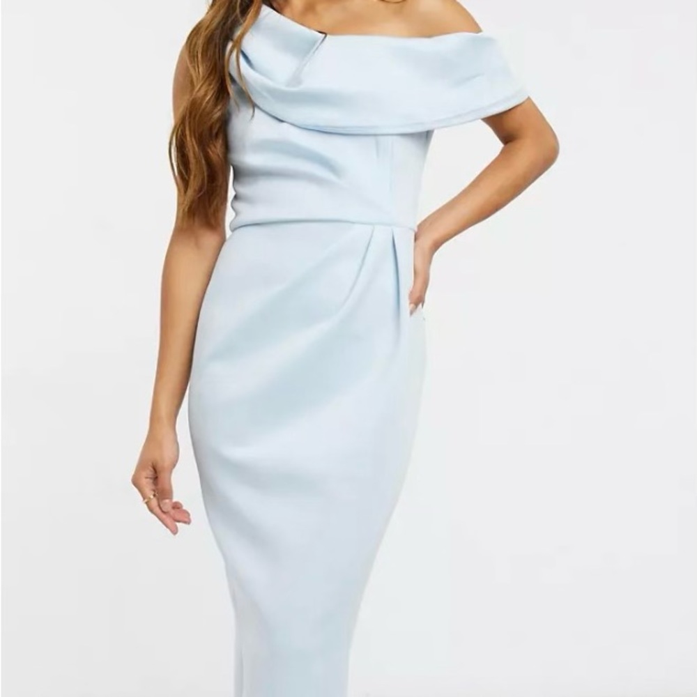 New! ASOS design drape fallen shoulder midi pencil dress